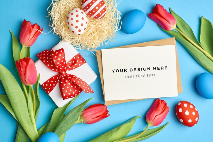 Mockup di biglietto di auguri per le vacanze di Pasqua con uova colorate, confezione regalo e fiori di tulipano rosso