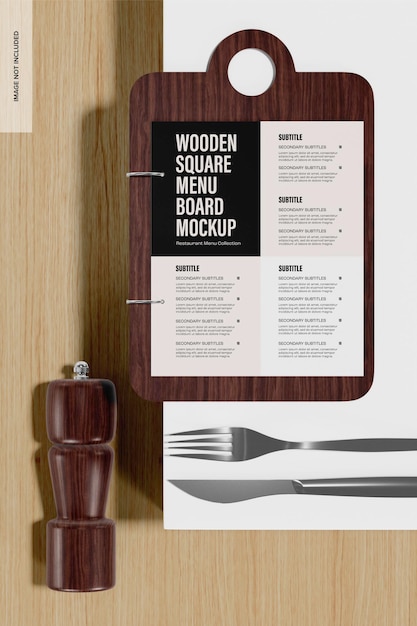 Mockup di bordo del menu quadrato in legno, vista dall'alto