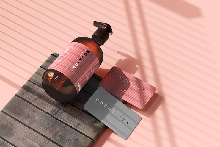 PSD mockup di bottiglia con pompa in vetro ambrato