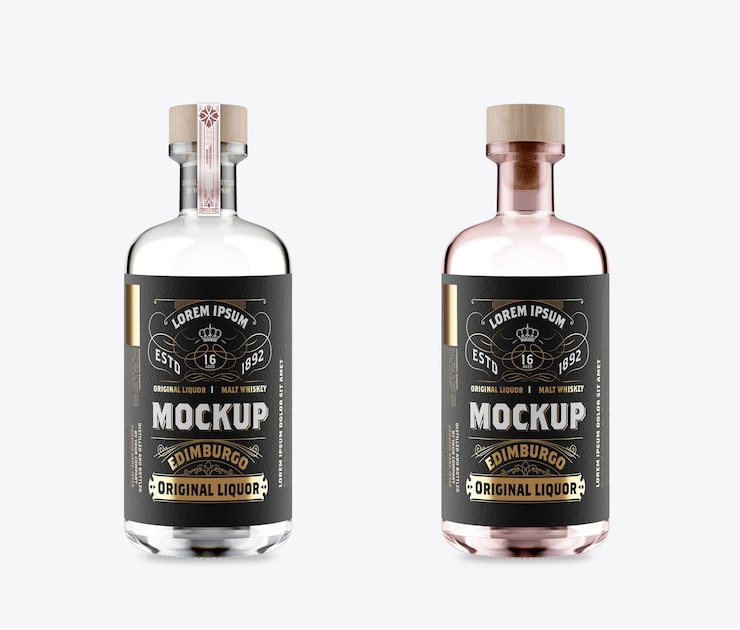 PSD mockup di bottiglia di vetro di gin