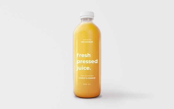 PSD mockup di bottiglia di vetro di succo d'arancia completamente modificabile