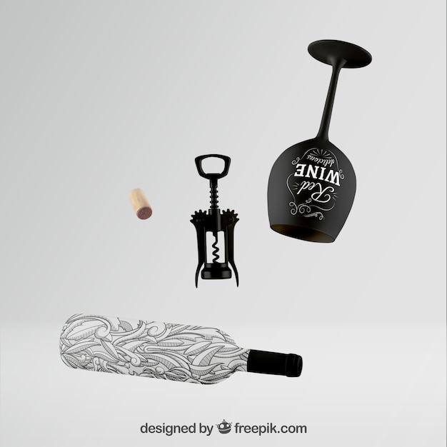 Mockup di bottiglia di vino con set