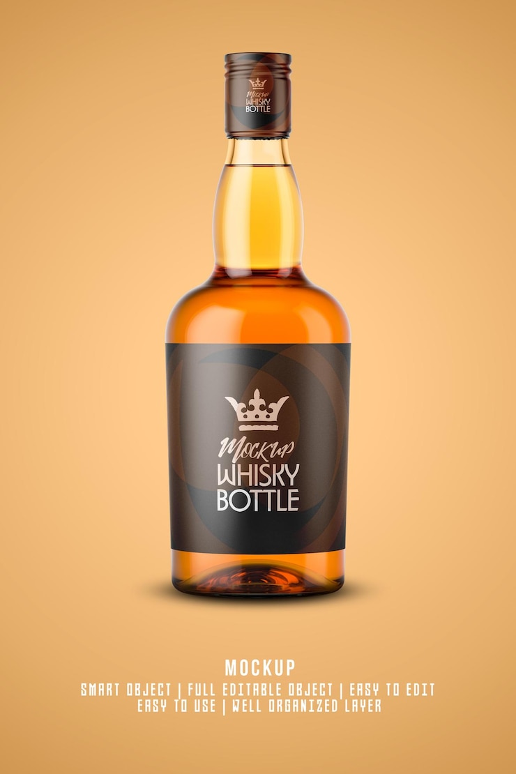 PSD mockup di bottiglia di whisky oggetto intelligente completamente modificabile