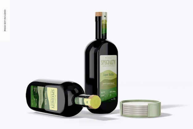 Mockup di bottiglie di liquore in piedi e cadute