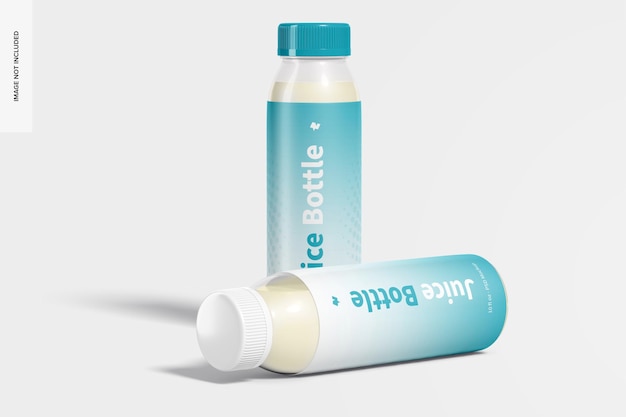 Mockup di bottiglie di succo in PET trasparente da 10 once, in piedi e caduto