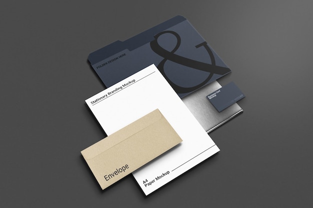 Mockup di branding di cancelleria elegante su sfondo di superficie scura