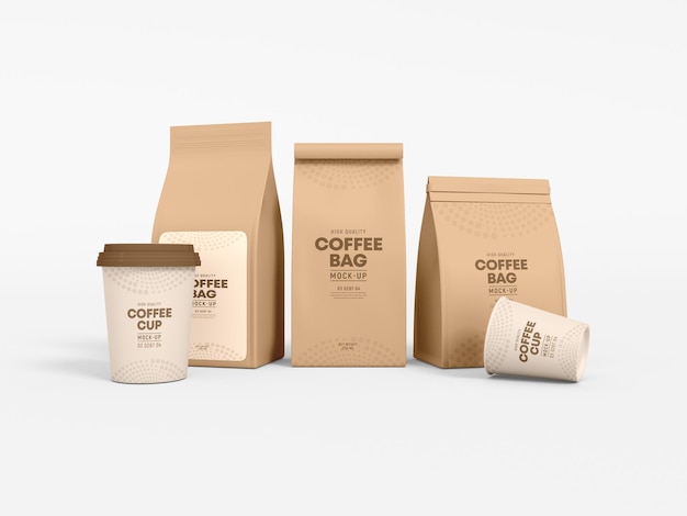 Mockup di branding per tazza da caffè e borsa da caffè in carta da asporto