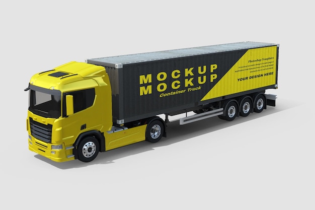 Mockup di camion portacontainer nero e giallo con vista prospettica