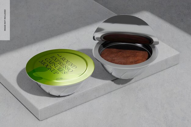 Mockup di capsule espresso rotonde in alluminio, veduta dall'alto