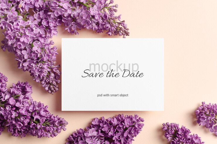 Mockup di carta di invito in bianco con bellissimi fiori lilla