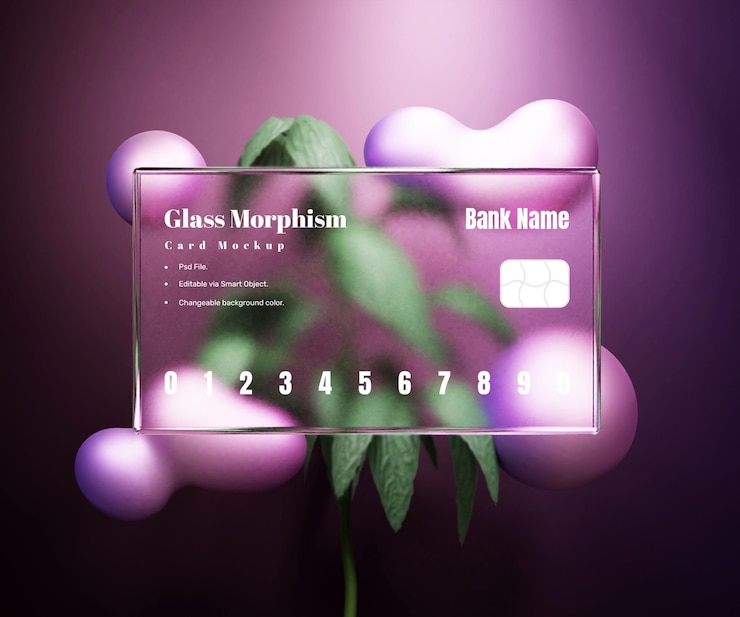 PSD mockup di carte di credito trasparenti 3d con effetto morfismo in vetro o mockup di carte bancarie con effetto vetro