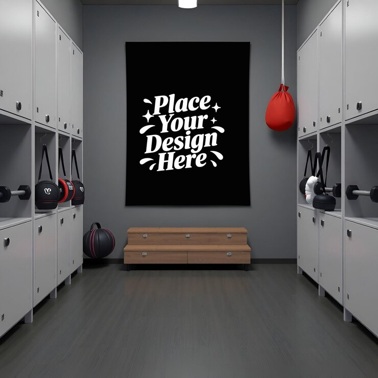 Mockup di cartellone in bianco in palestra con attrezzature di fitness