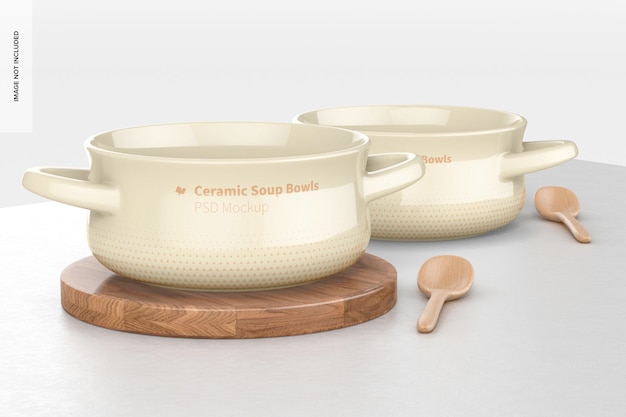 Mockup di ciotole per zuppa in ceramica con manici, vista frontale