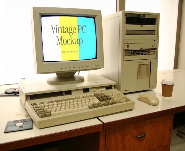Mockup di computer vintage sul tavolo di legno