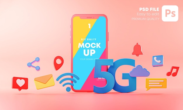 Mockup di concetto di telefono 5G su sfondo rosa con icone 3D Mockup