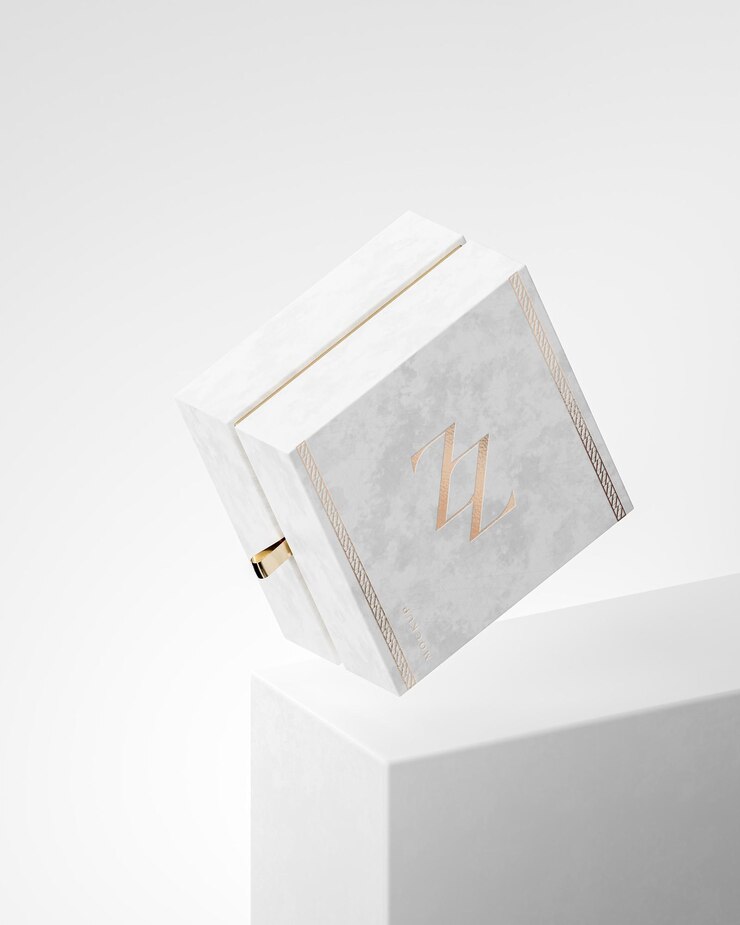 Mockup di confezione regalo di gioielli in bianco e oro galleggiante per il rendering 3d dell'identità del marchio