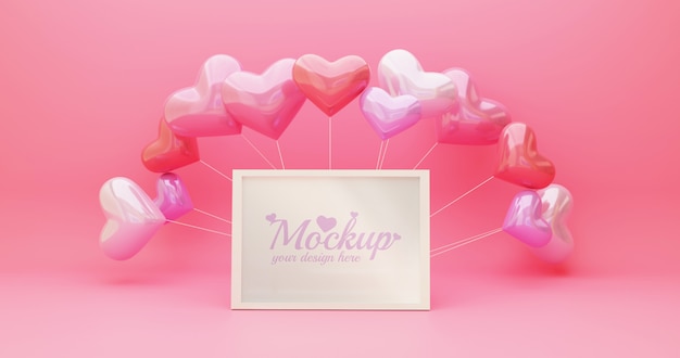 mockup di cornice bianca con palloncino a forma di cuore in colore rosa