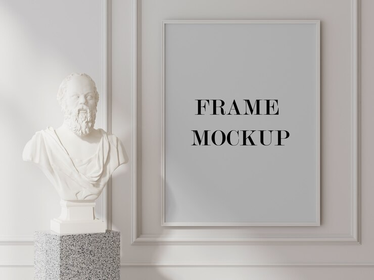 PSD mockup di cornice da parete bianca accanto alla scultura
