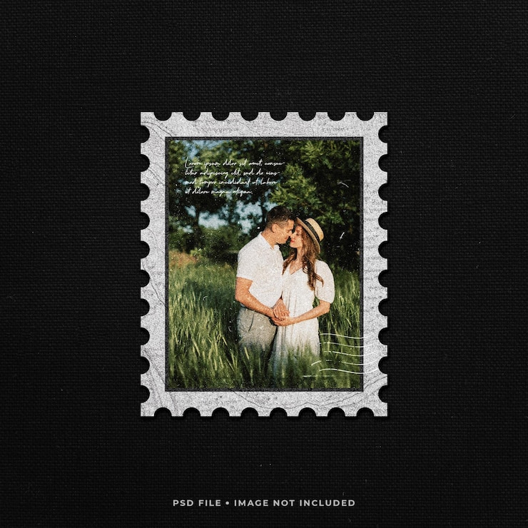 PSD mockup di cornice di carta fotografica con francobollo vecchio ritratto