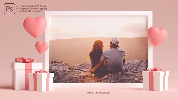 Mockup di cornice per foto con cuori, amore e regali per San Valentino nel rendering 3D