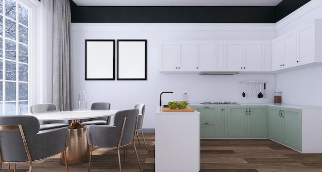 Mockup di cornice per foto in bianco nel moderno design degli interni della cucina e della sala da pranzo con sfondo bianco