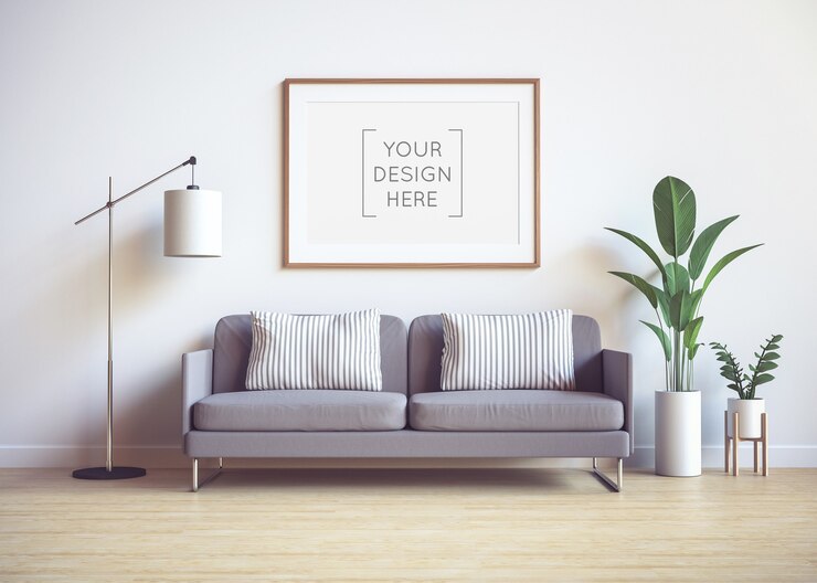 Mockup di cornice per foto nell'interno del soggiorno