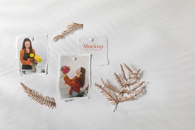 Mockup di cornice per foto strappata con fiori