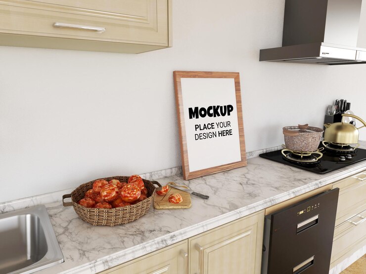 PSD mockup di cornice per foto vuota nella cucina moderna