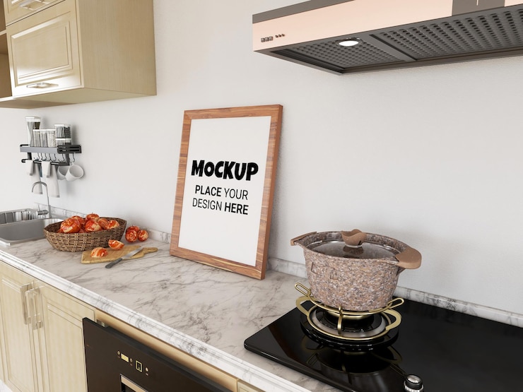 PSD mockup di cornice per foto vuota nella cucina moderna