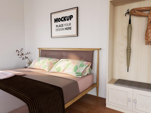 Mockup di cornice per foto vuota realistica in camera da letto