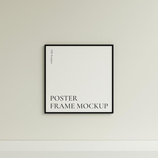 Mockup di cornice per poster o foto quadrata nera con vista frontale pulita e minimalista appesa al muro Rendering 3d