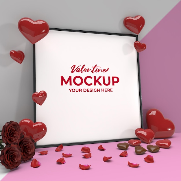 Mockup di cornice quadrata romantica di San Valentino con petali di rosa e cioccolato