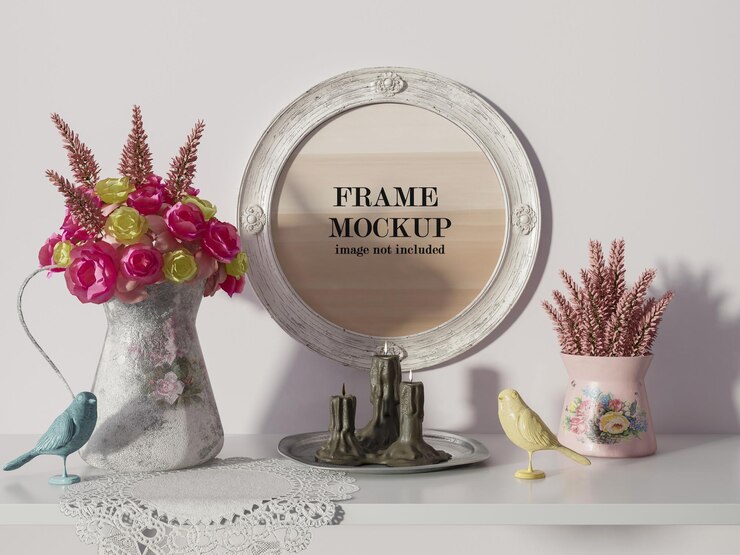 PSD mockup di cornice rotonda accanto a fiori rosa e gialli
