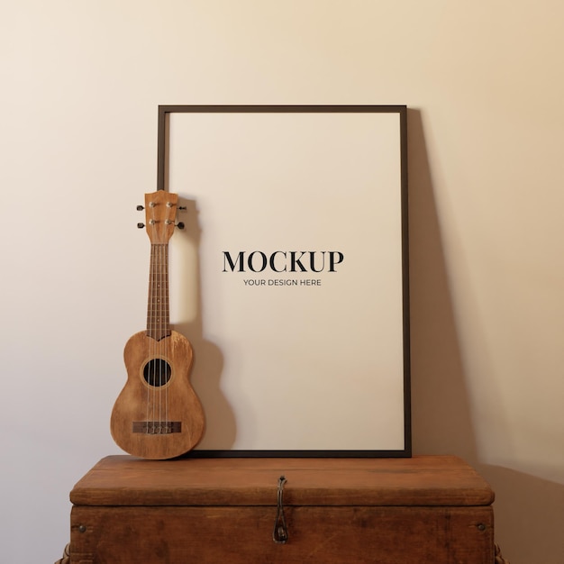 Mockup di cornice sopra il tavolo con ukulele