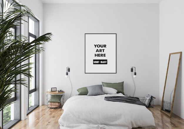 Mockup di cornice verticale in camera da letto