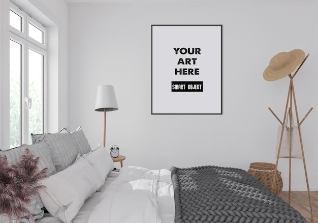 Mockup di cornice verticale in camera da letto