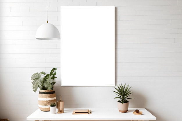 Mockup di cornice verticale in interni bianchi minimalisti