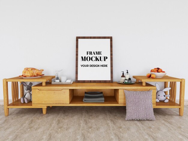 Mockup di cornice vuota realistica sulla moderna scrivania in legno