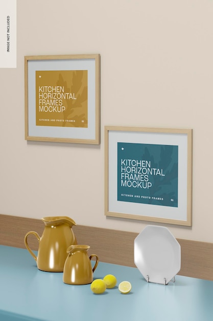 Mockup di cornici orizzontali per cucina, vista da destra