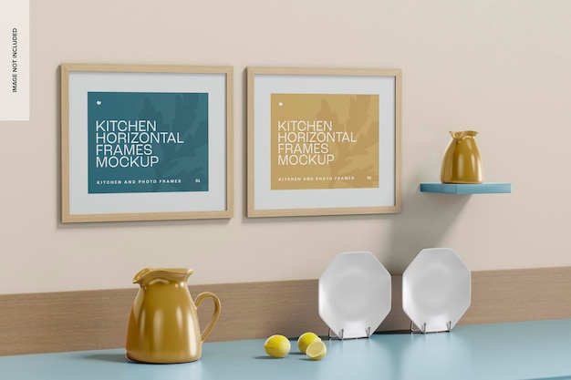 Mockup di cornici orizzontali per cucina, vista da sinistra