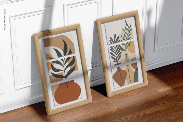 Mockup di cornici per foto triple in legno, prospettiva
