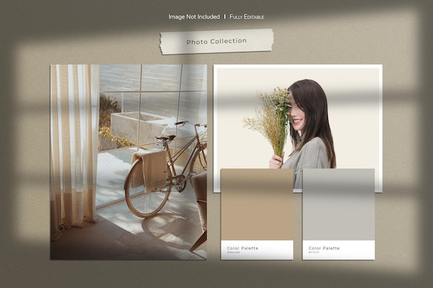 Mockup di creatore di scene con cornice di carta e mood board con sovrapposizione di ombre e tavolozza di colori