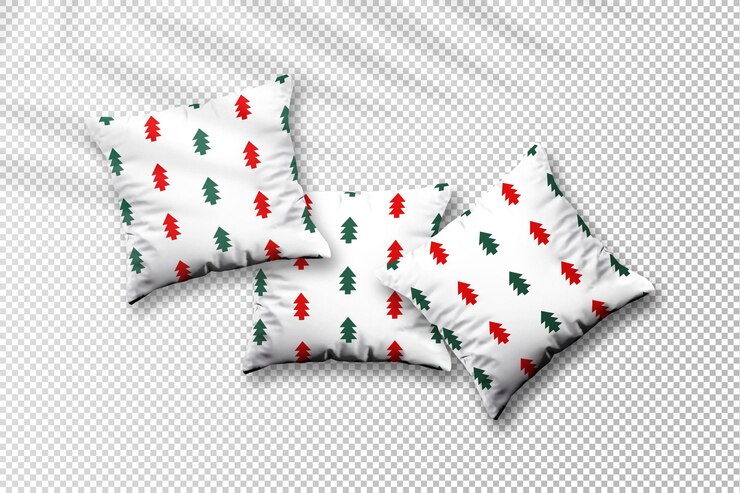 PSD mockup di cuscini natalizi volanti con ombra di foglie di palma
