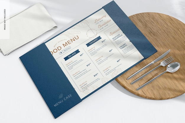 Mockup di custodia per menu in pelle, vista a destra