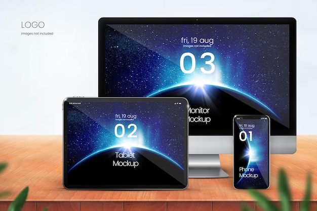 Mockup di dispositivo classico di tablet smartphone e monitor di computer su sfondo di legno chiaro