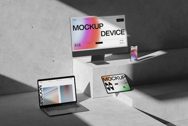 Mockup di dispositivo di rendering 3D realistico con scena moderna.