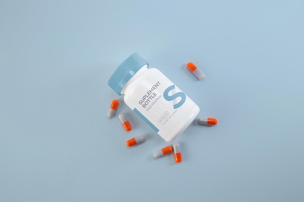 Mockup di etichetta per bottiglia di pillole in plastica bianca