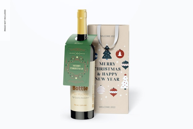 Mockup di etichetta regalo bottiglia di vino, vista frontale