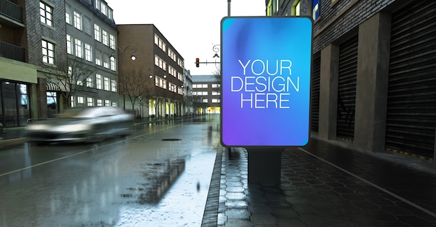 Mockup di fermata dell'autobus sulla strada delle piogge in città