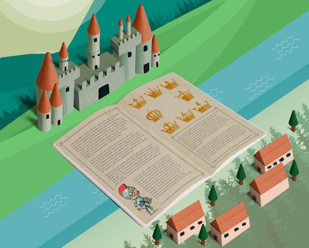 Mockup di fiaba isometrica con brochure aperta